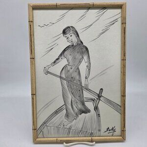 Vietnamese Artist Beky Ink on Silk Artwork in Bamboo Frame Woman Rowing on Boat